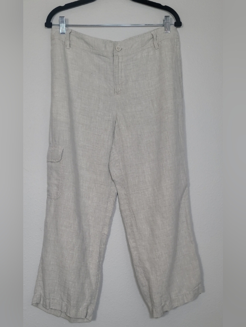 Liz Claiborne 100% Linen Cropped Pants Size 8 Tan Beige Wide Leg Cargo Coastal